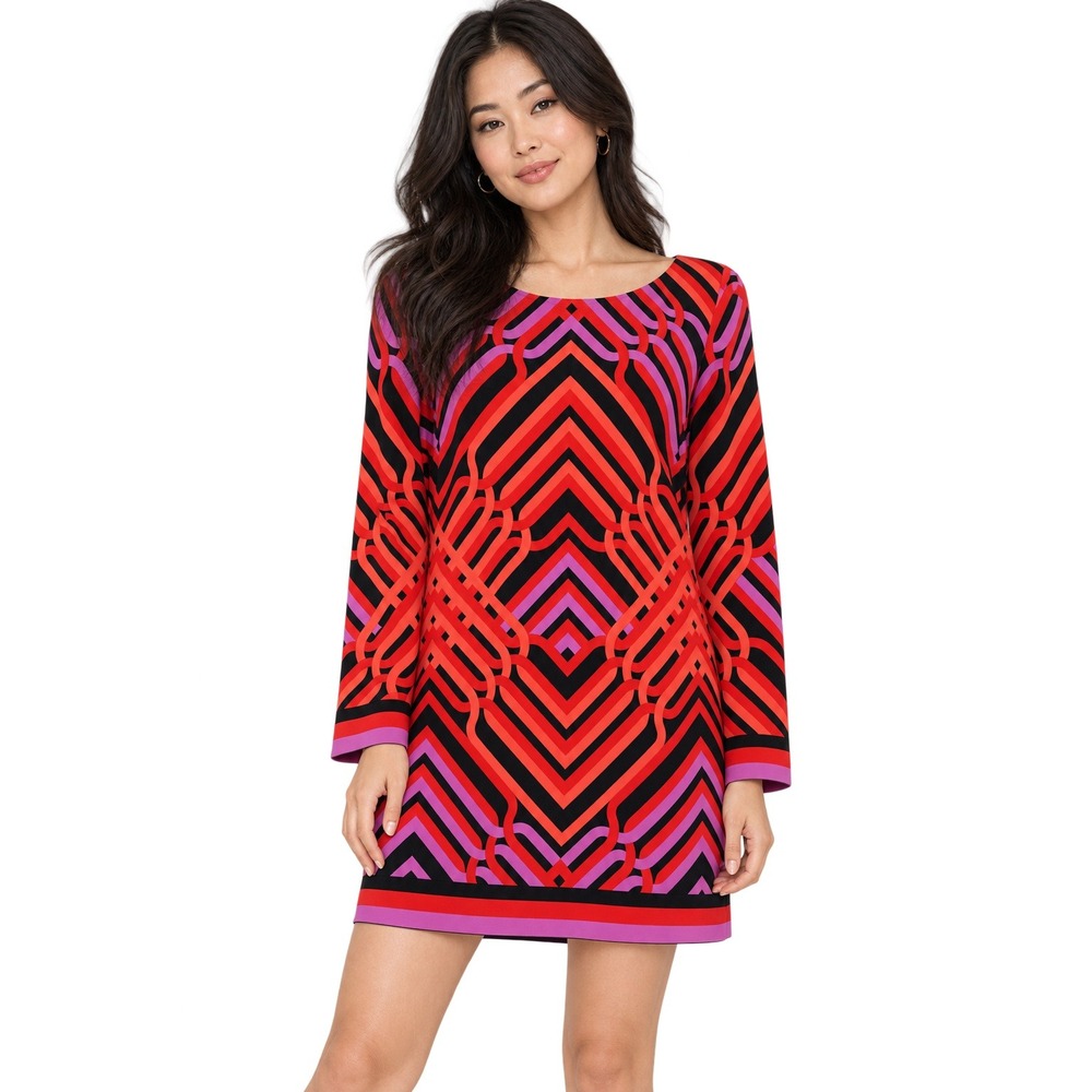 Trina Turk Geometric Mod Print Long Sleeve Shift Dress Size 6